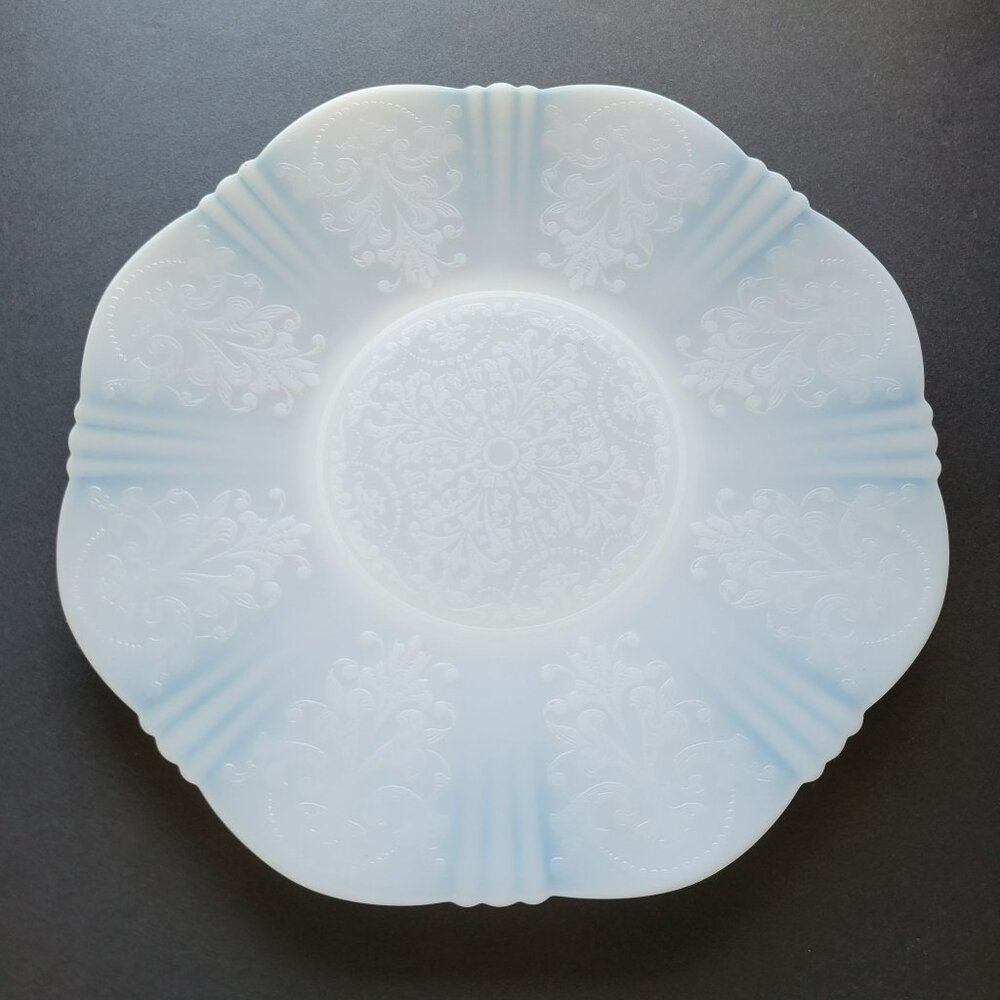 MacBeth-Evans White Opalescent Depression Glass Chop Plate c.1930-36, Embossed